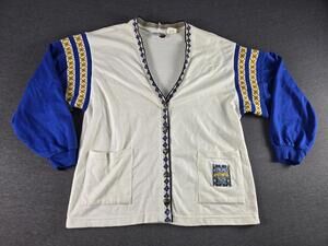 Vintage Hang Ten Cardigan Sweater Mens Small White Blue Argyle Knit Pockets USA